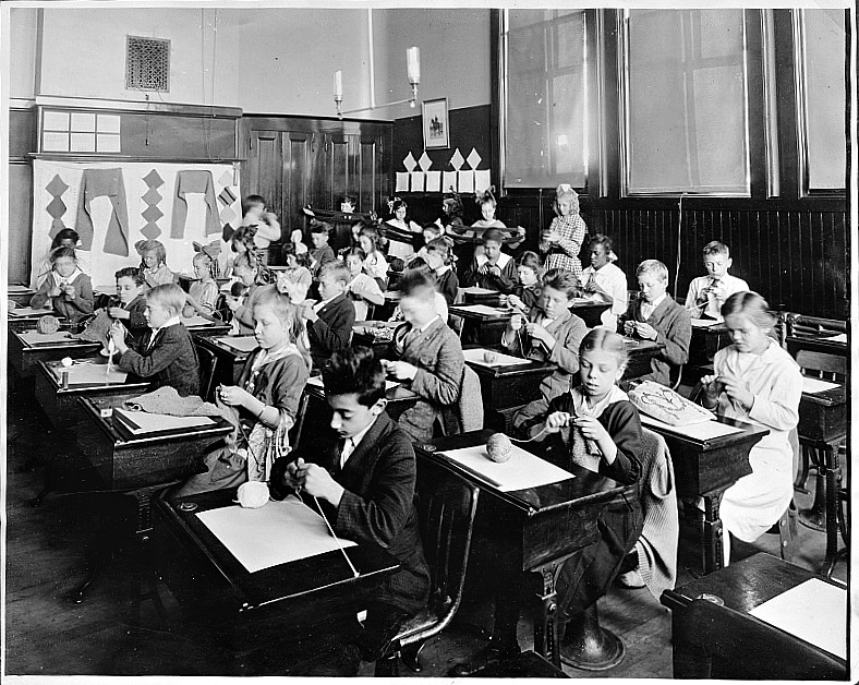 Plainfield schoolchildren knitting for the Juior Red Cross, ca. 1917