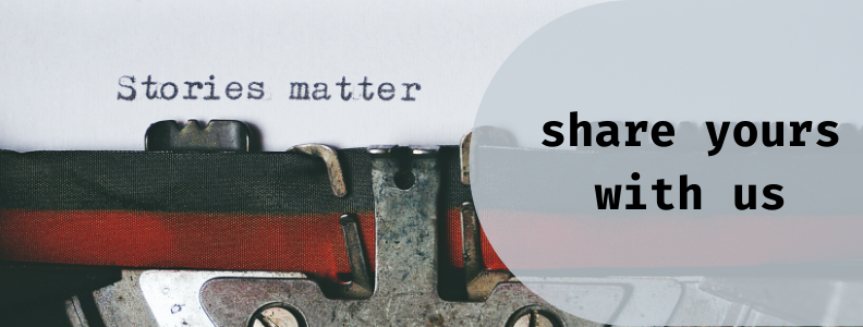 typewriter ribbon and paper with words "stories matter" on paper