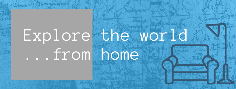 text: explore your world from home, image: map background with outline drawing of an armchair